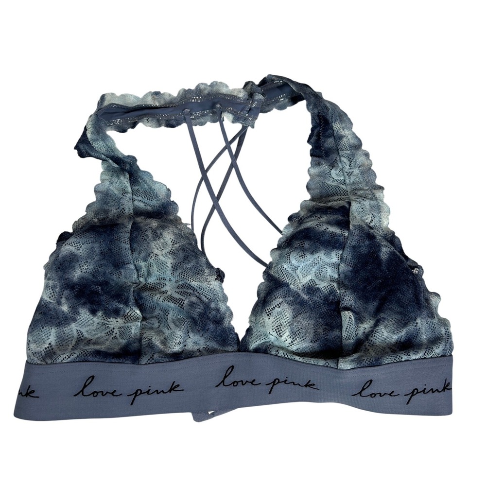 PINK Victoria's Secret Lace Bralette Blue Tie‎ Dye Strappy Halter Small